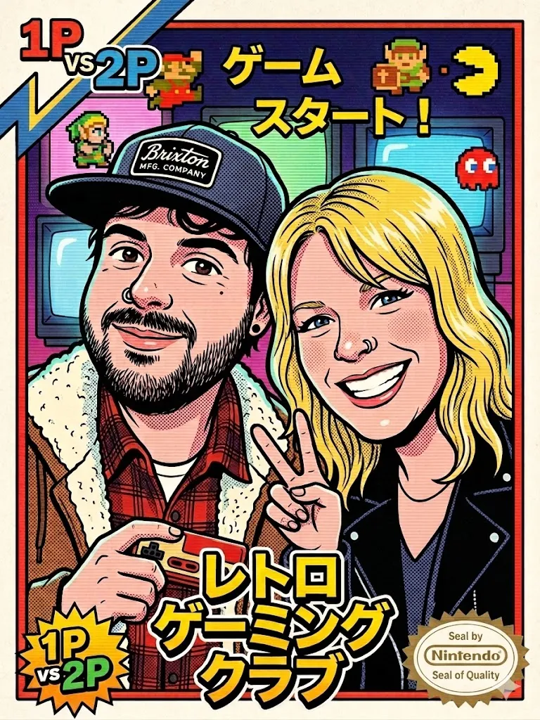 Richard and Emily from Retoro Games with Japanese retro gaming artwork
